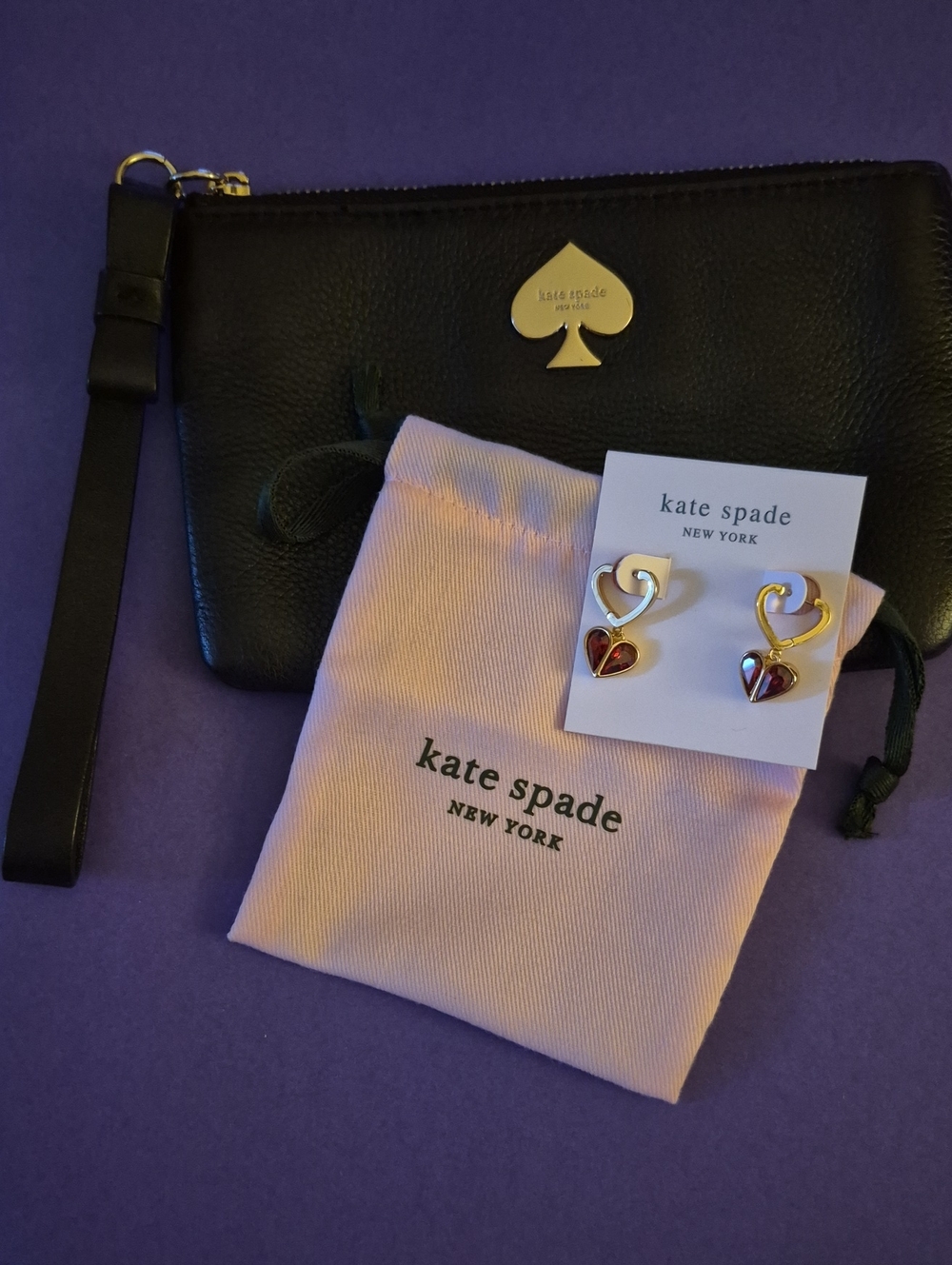 kate spade gold-tone heart drop earrings with red accents & Black Wristlet